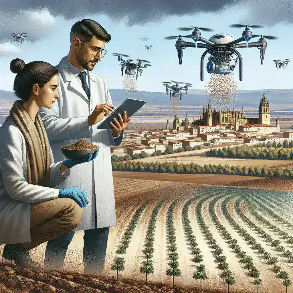 "Investigadores de Salamanca utilizando drones para reforestación inteligente en un bosque español, mostrando tecnología innovadora para la conservación del medio ambiente."
